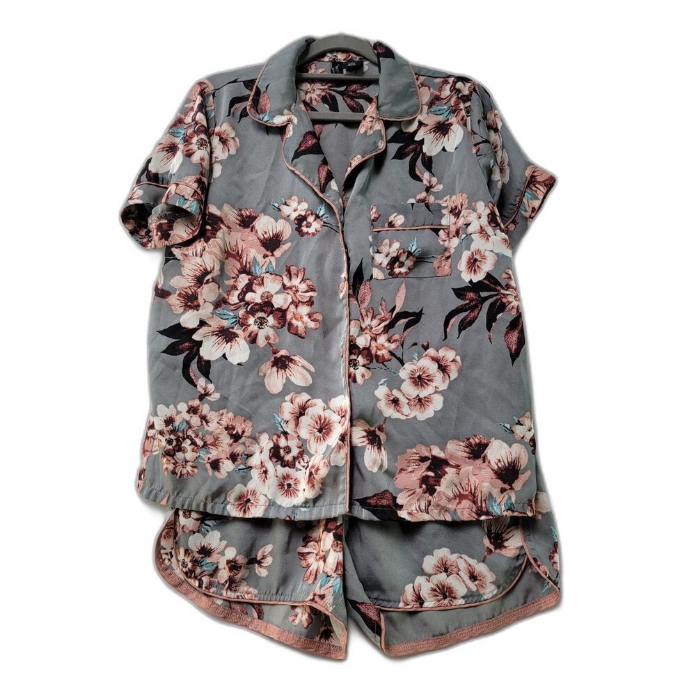 Cynthia Rowley 2 Piece Outfit Set Gray Floral Print Top & Short Women's Size XS